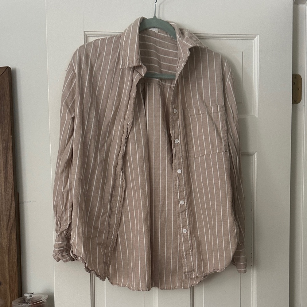 Maternity and Post Bump Women's Striped Button Down Shirt - Tan
